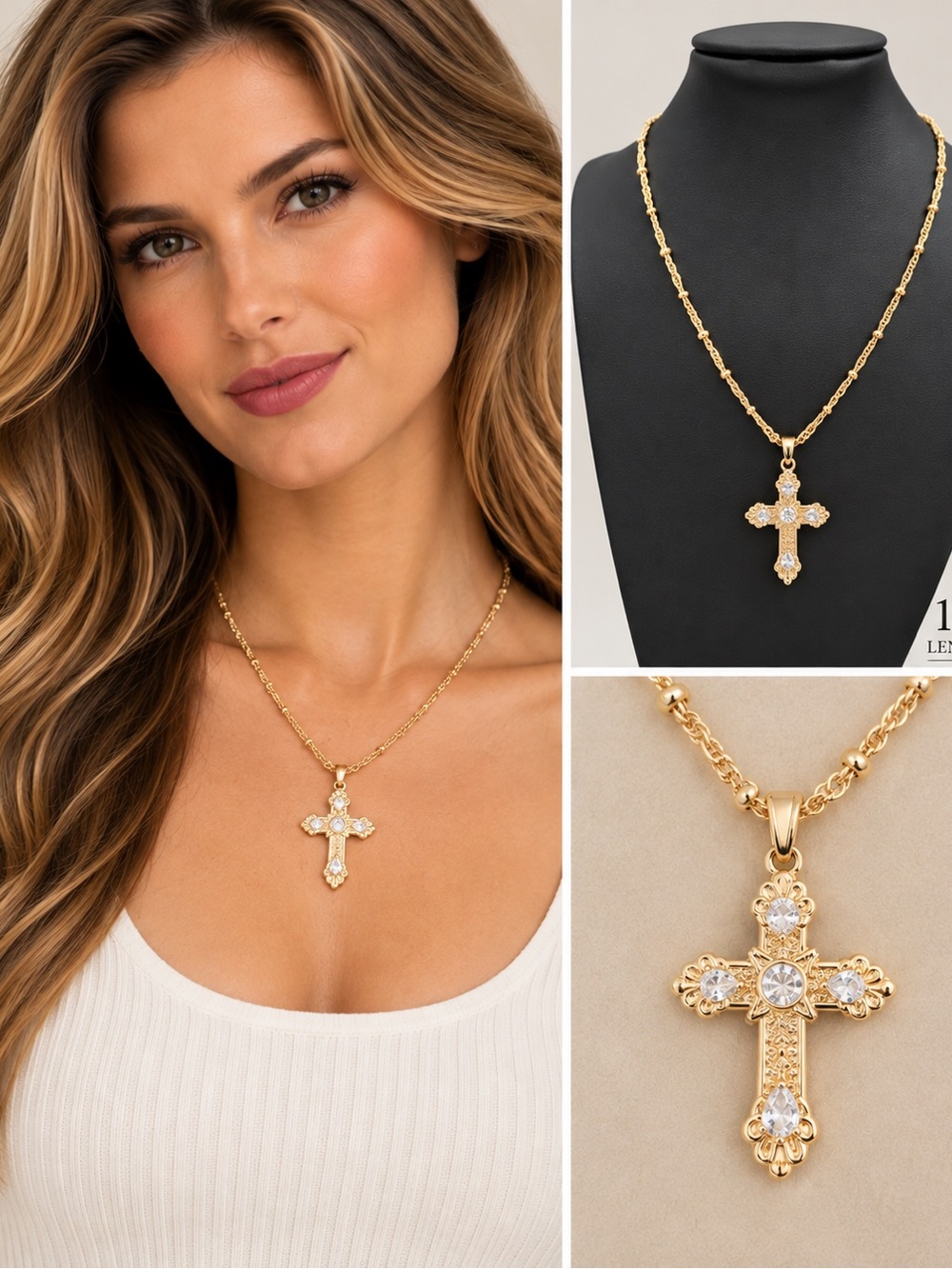 Gold Crystal Cross Necklace for Women - Elegant Gold Pendant